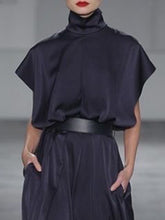 Solid Color Split-Joint Tied Waist Loose Raglan Sleeve High Neck Maxi Dresses